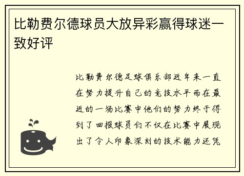 比勒费尔德球员大放异彩赢得球迷一致好评